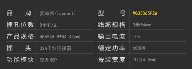 MG33865P2W空開雙P工業(yè)連接器32A8位PDU產品參數(shù)